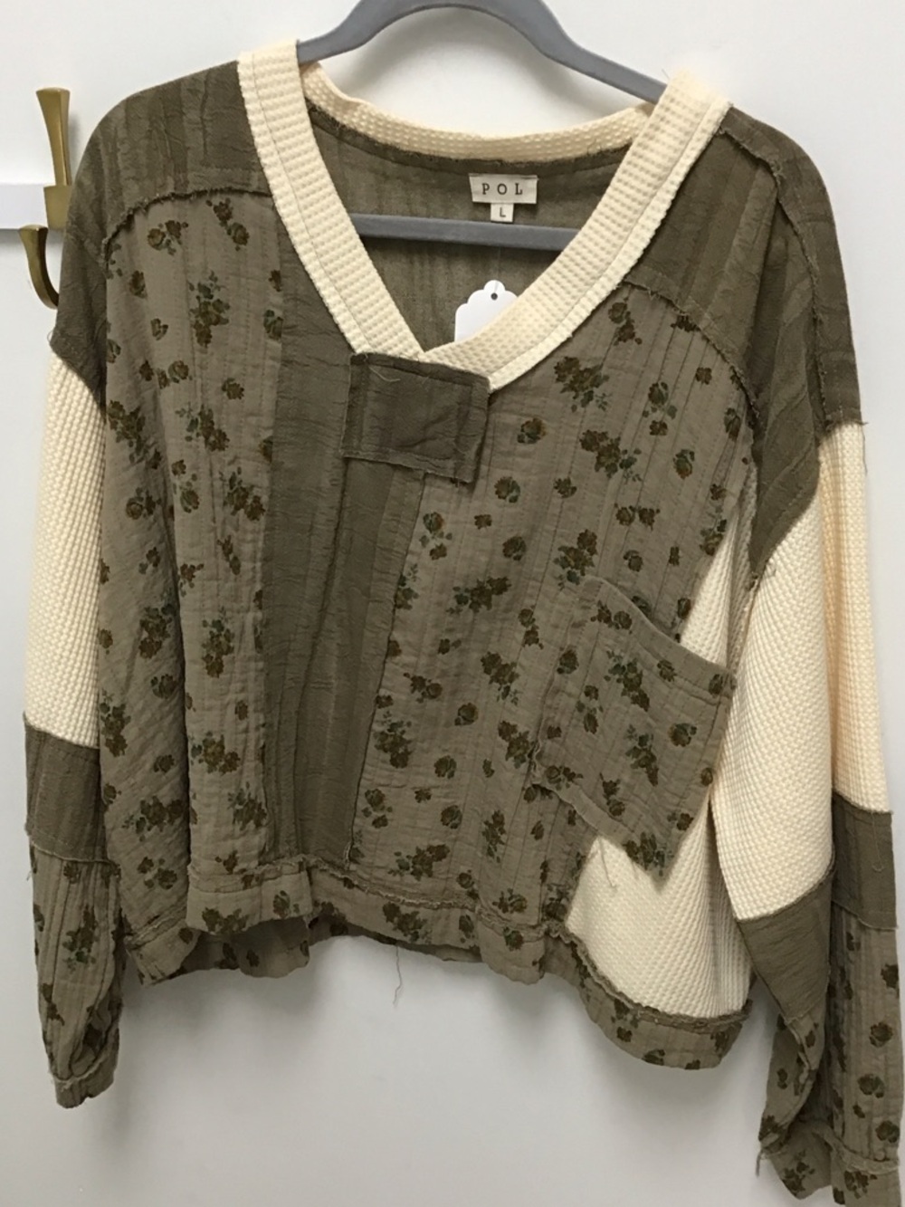 POL olive and cream V-neck patchwork floral sweatshirt